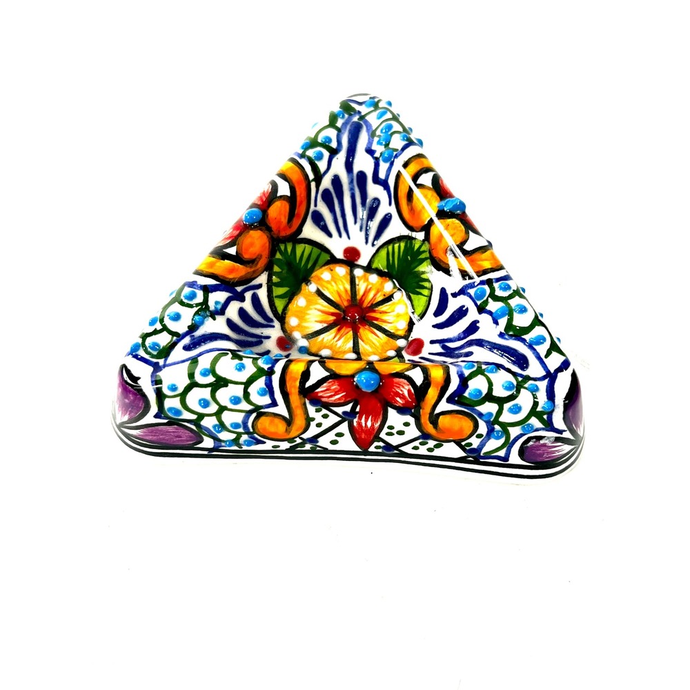 AIBA Mexico Talavera Pottery Triangular Ashtray Hand Painted Floral Ceramic 4in